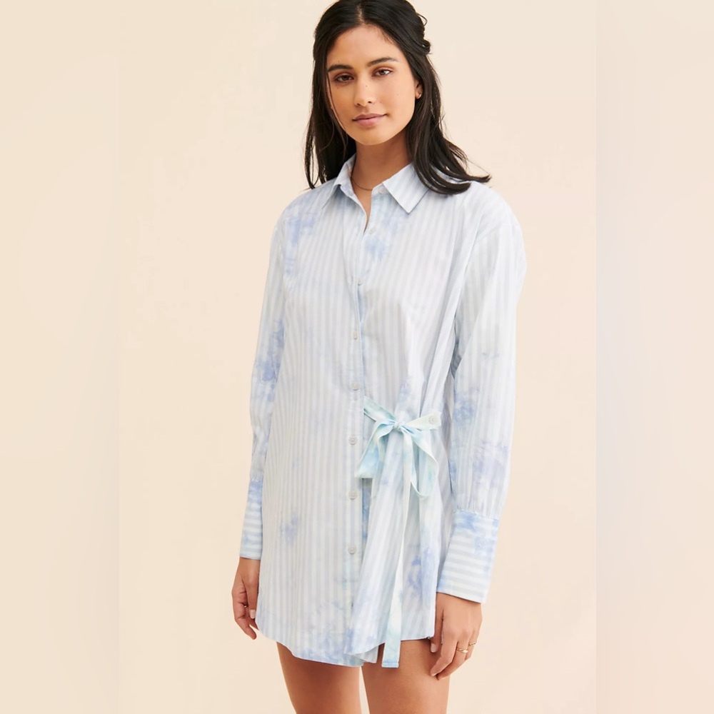 Nola Wrap Shirtdress FREE PEOPLE xs blue tie‎ dye